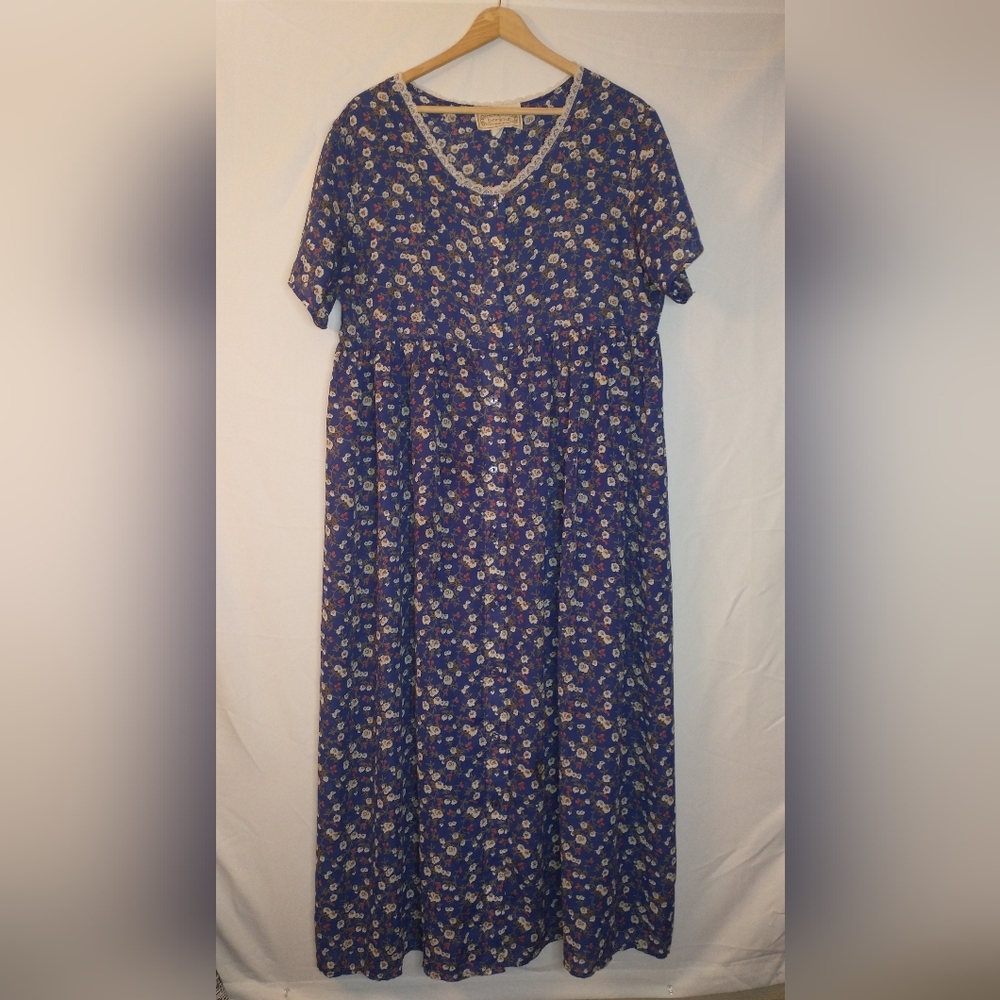 Vintage Y2K 90's Cottage Fairy Floral Sheer Blue Maxi Babydoll Dress  Large